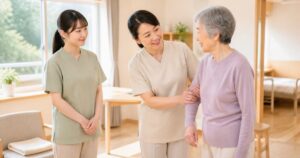 介護研修で先輩から支援を学ぶ介護職員